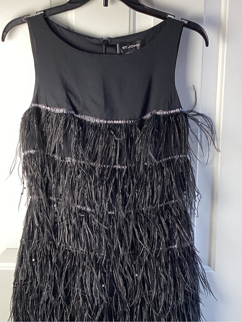 St. John silk Black Feather-Trim Sleeveless Mini Dress knee length - Picture 2 of 5